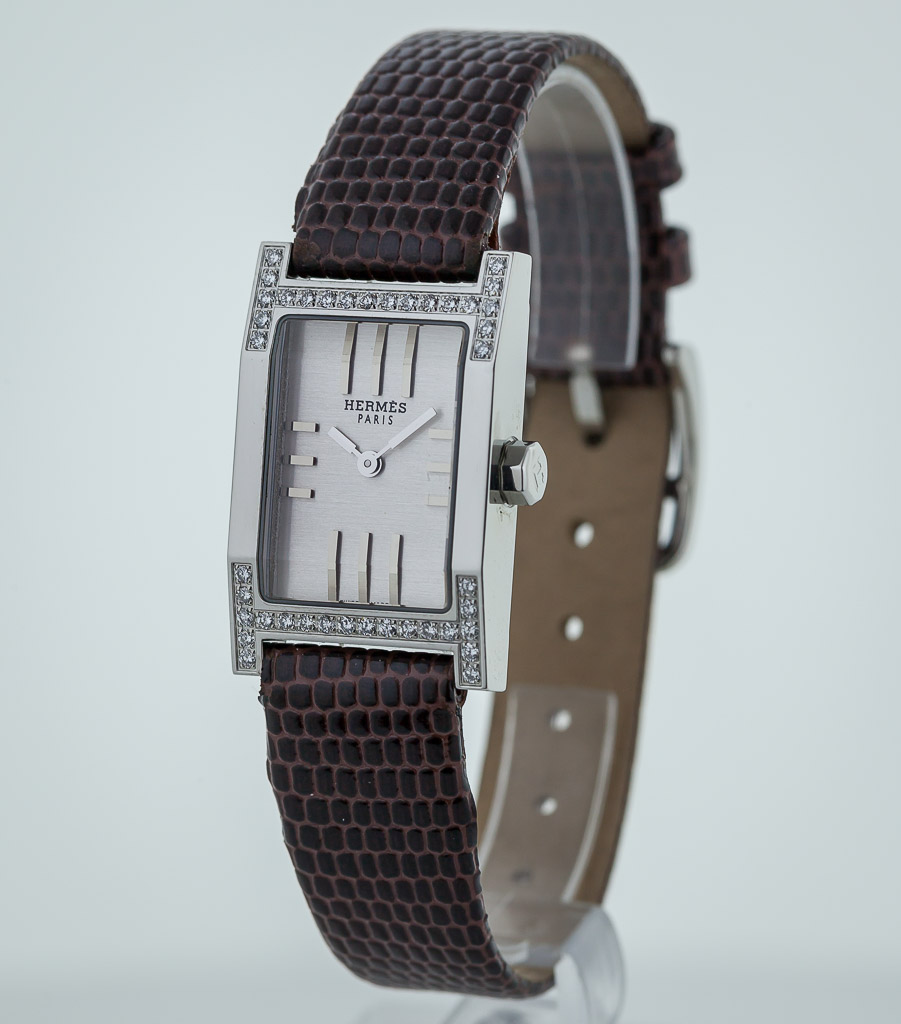 Hermes Tandem Diamond Stainless Steel Leather Strap Wristwatch