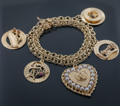 Vintage Charm Bracelet, 14K Yellow Gold, Travel Wedding, Birthday