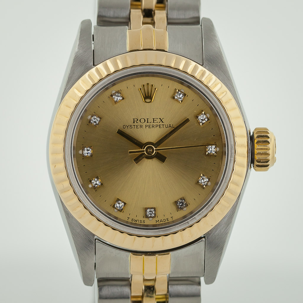 Oyster Perpetual, Ref 67193, Ladies, Stainless Steel / 18K Yellow Gold, Dial, 1987 - Consignments Rolex Oyster Perpetual, Ref 67193, Ladies, Steel / 18K Yellow Gold, Diamond Dial, 1987