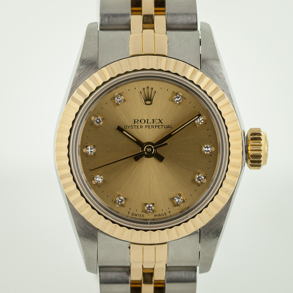 Rolex Oyster Perpetual Ref Ladies Stainless Steel 18k Yellow Gold Diamond Dial 19 Estates Consignments Rolex Oyster Perpetual Ref Ladies Stainless Steel 18k Yellow Gold Diamond Dial 19