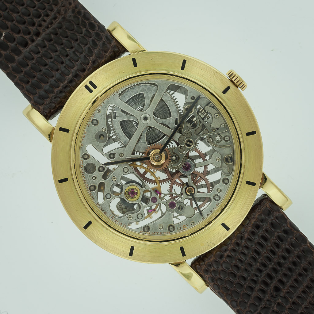 AUDEMARS PIGUET SKELETON DRESS WATCH YELLOW GOLD Audemars Piguet, Genève,  No. 214718, case No. B 45983. Sold in January 1981. Very fine, elegant and  thin, 18K yellow gold, skeletonized, keyless dress watch.