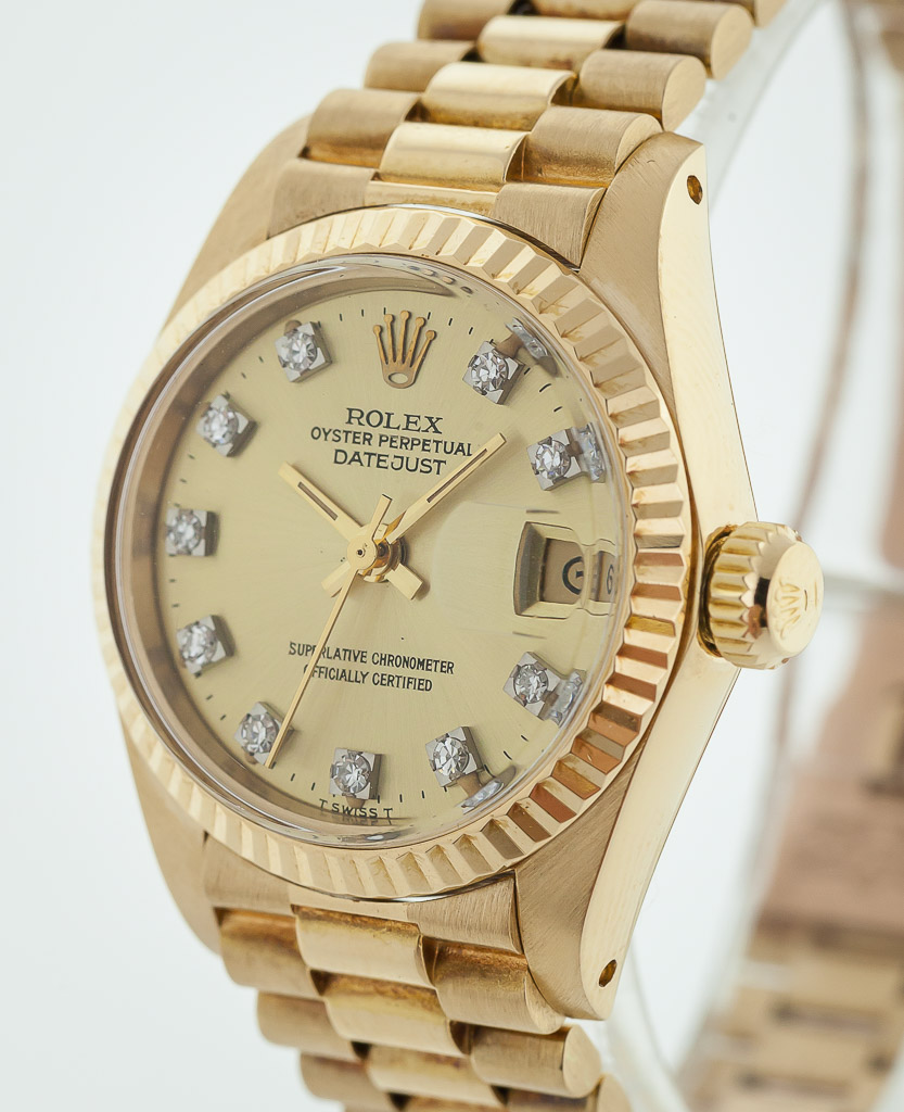 Ladies Rolex Champagne Diamonds 18K Yellow Gold President Datejust 692 –  Global Timez