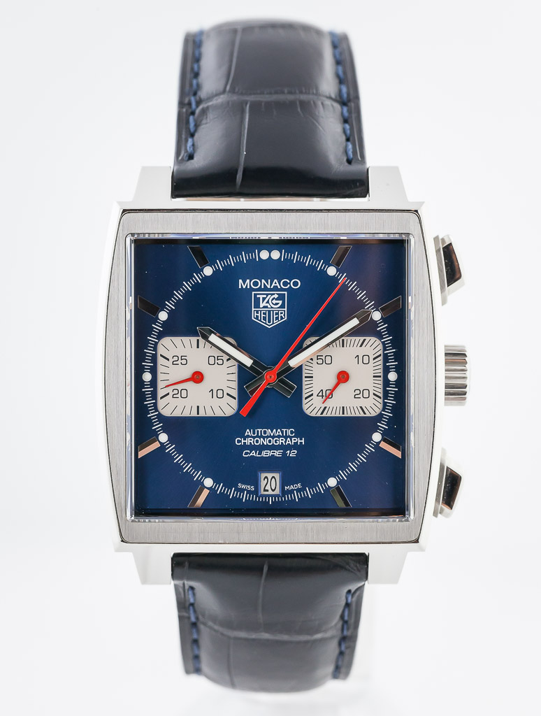 TAG Heuer Monaco Calibre 12 in stainless steel featuring a blue b