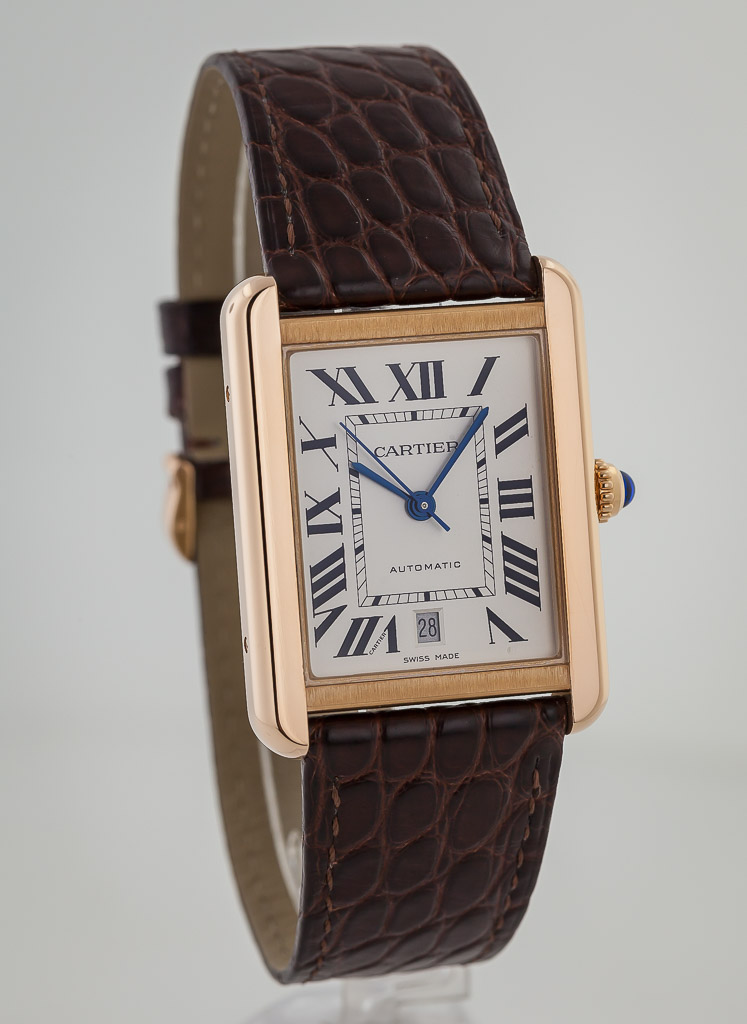 Cartier Tank Solo XL 18k Rose Gold Brown Leather Auto Silver Mens