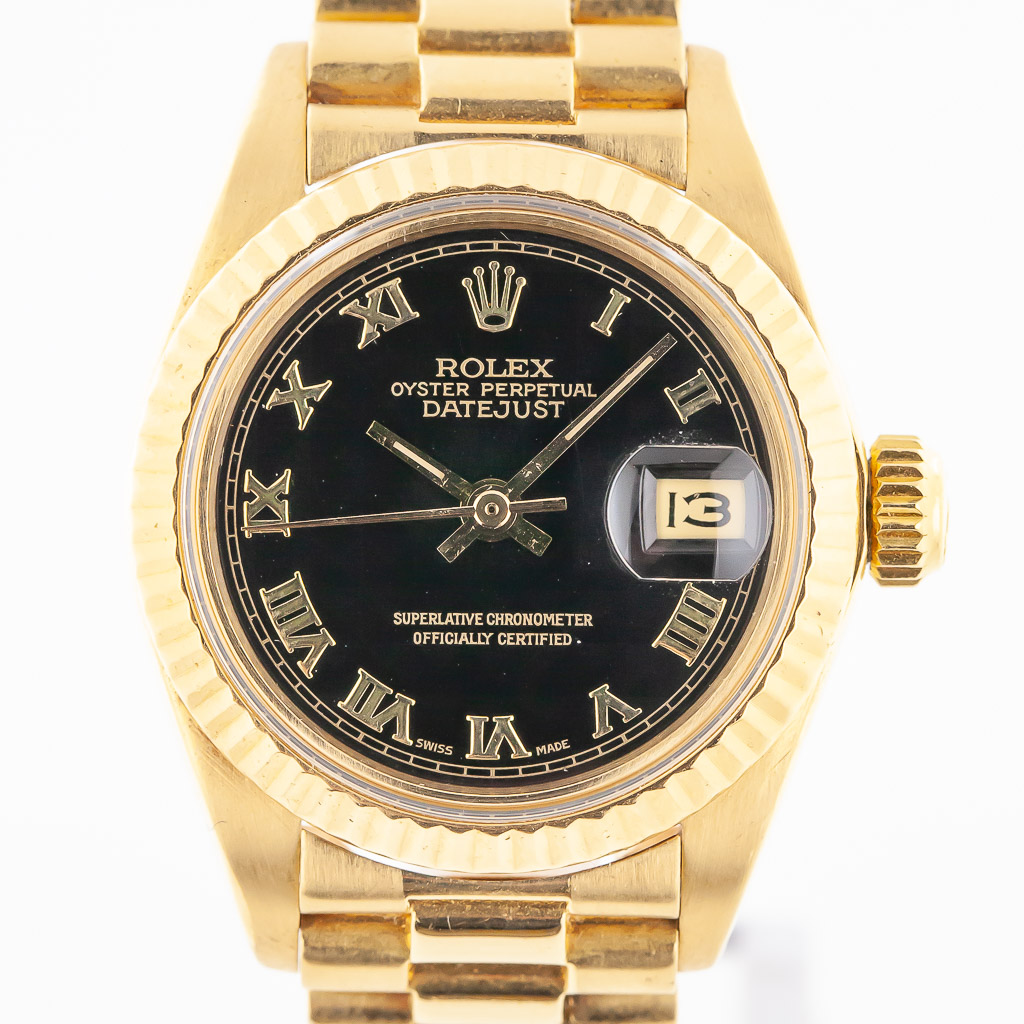 Rolex Vintage Black Face DateJust Ladies 18kt Watch Diamond Dial