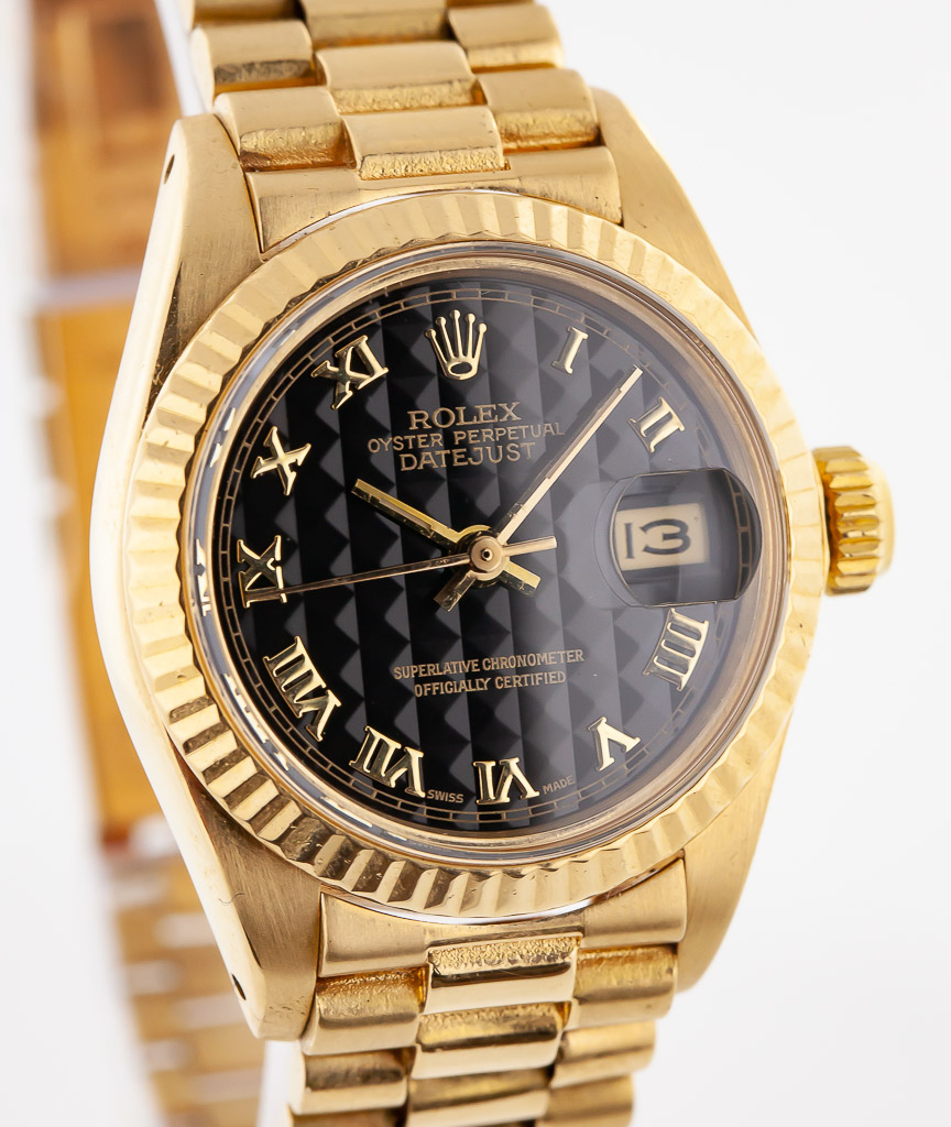 Rolex Datejust President 26, Ref 6917, Ladies, 18K Yellow Gold, Rare Black  Pyramid Dial, 1981