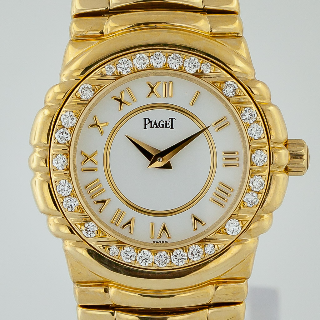 Piaget Tanagra Ref 16033 M 401 D Ladies 18K Yellow Gold White Roman Dial Dia Bezel Quartz 2002 Estates Consignments